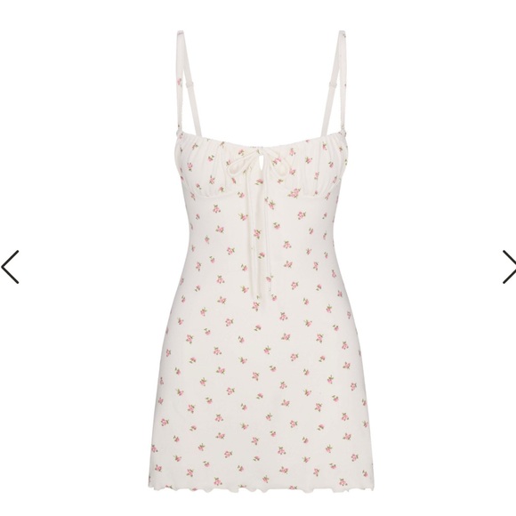 NWT SKIMS LOGO POINTELLE MINI DRESS MARBLE PINK ROSEBUD,...